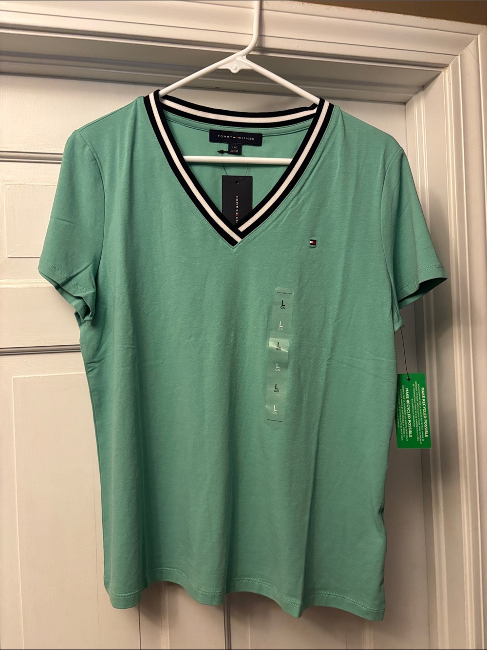 Tommy Hilfiger Mint Green V-Neck Tee with Black & White Trim